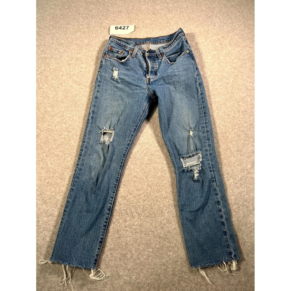 Levi's 501 Jeans Womens 25x26 Blue Denim Cotton Stretch Medium Wash Distressed